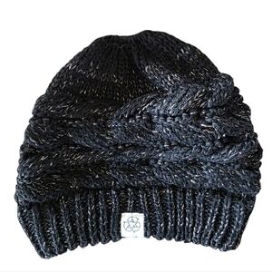 David & Young Black Metallic Knit Ponytail Beanie Messy Bun Hat Cozy Winter